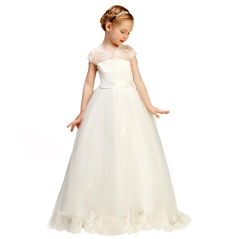 Elegant V-Neck Lace Appliques Flower Girl Dress Puff Tulle First Communion Dresses Formal Princess Dress Wedding Dress