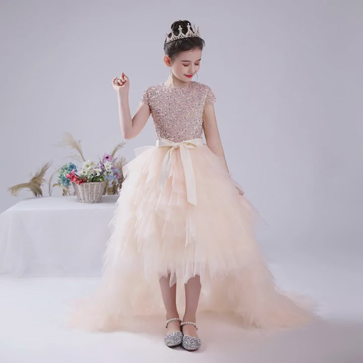 Little Girls V-Neck Special Occasion Dress Girls Fancy Birthday Party  Dresses Detachable Trailing Gown