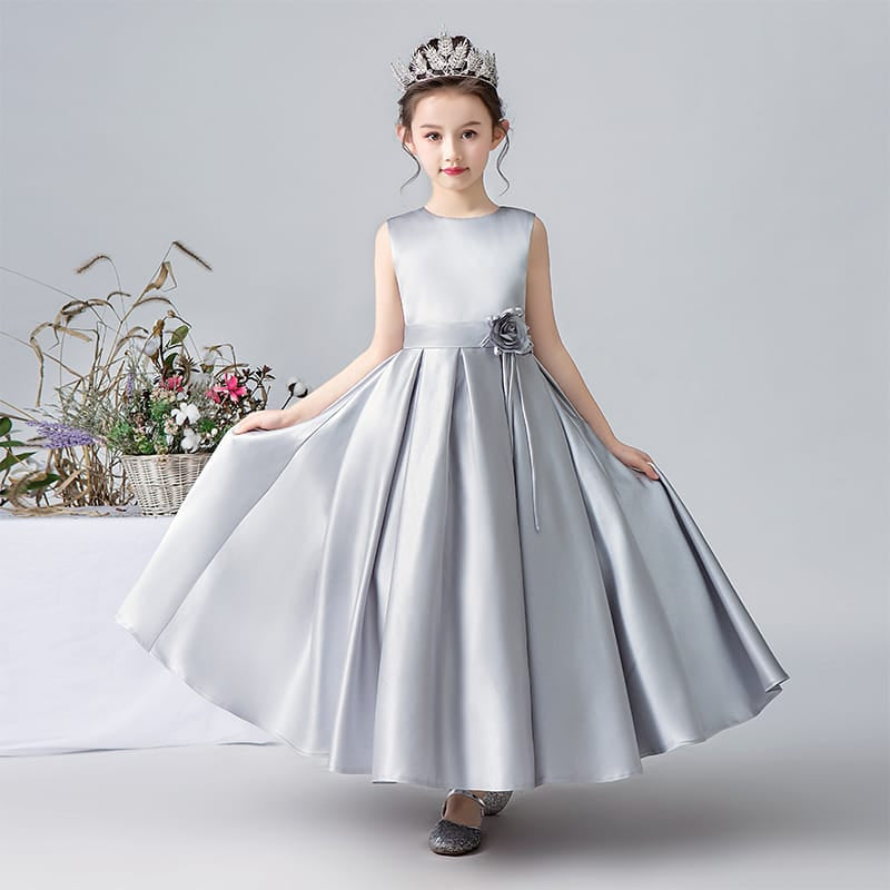 Dideyttawl Satin Girls Formal Dress with Sleeveless and 3D Flower, White / 16