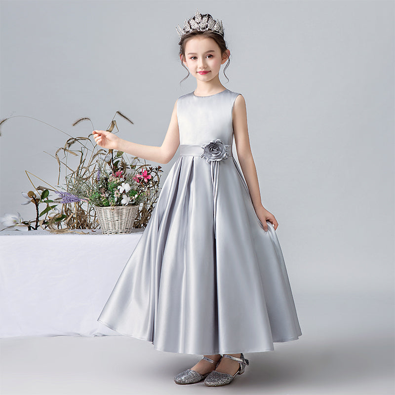 Dideyttawl Grey Flower Girl Dress Satin Sleeveless Pleated Ball Gown