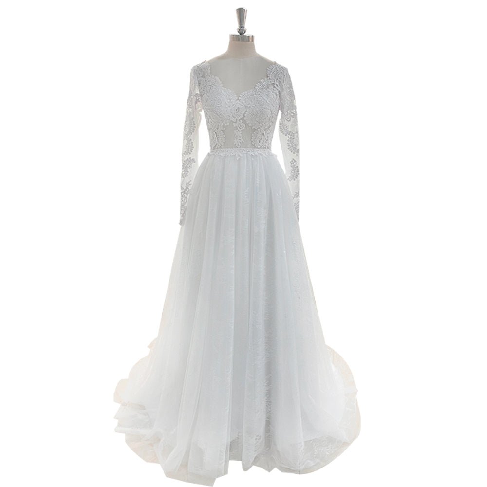 A-Line Lace Tulle Wedding Dress 2025 Boho V-Neck Appliques Bridal Gown Long Sleeve