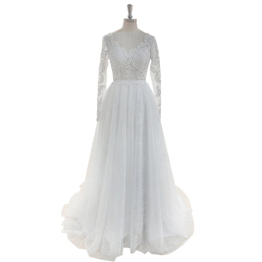 A-Line Lace Tulle Wedding Dress 2025 Boho V-Neck Appliques Bridal Gown Long Sleeve