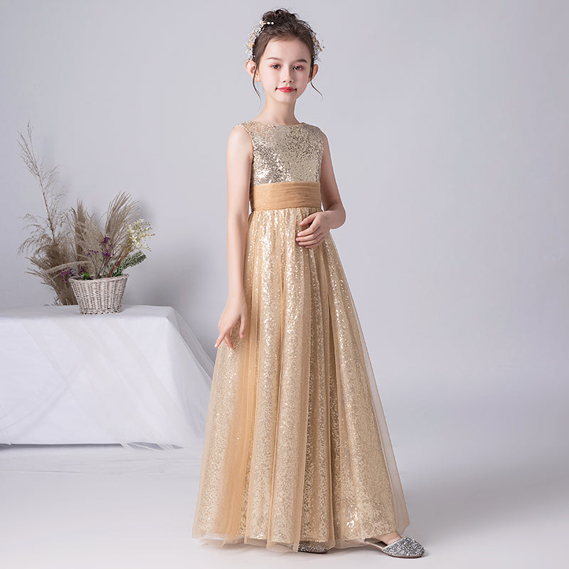 Gold Junior Bridesmaid Dress Sequin Pagaent Dresses For Teens Flower Girl Dress Sleeveless