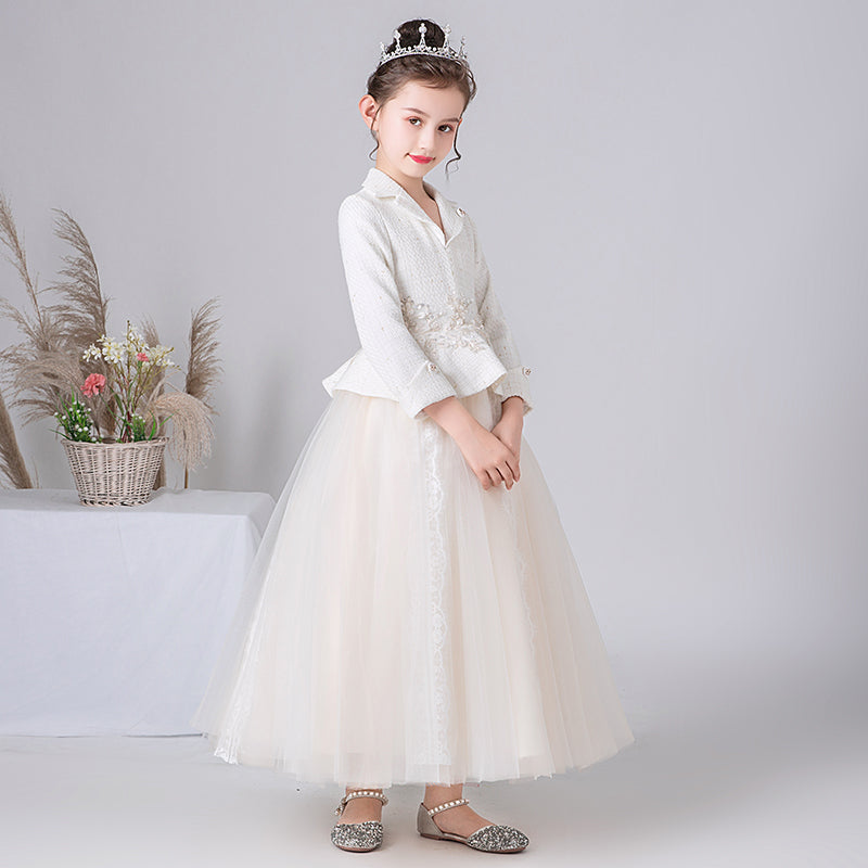 Junior Bridesmaid Dresses For Wedding Ivory Birthday Party Dress For Teens Tulle Puffy Dresses Long Sleeve