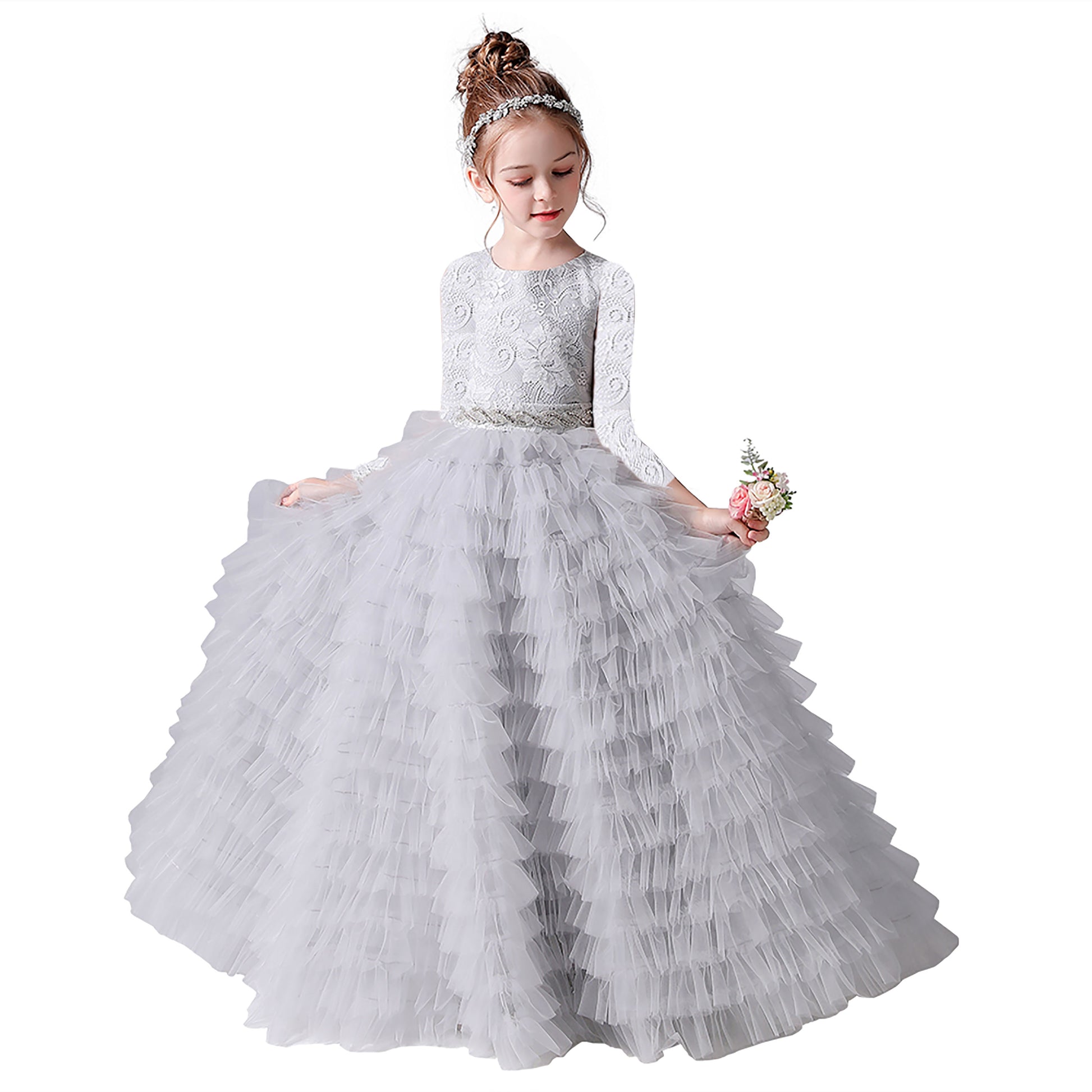 First Communion Dresses for Girls Princess Birthday Party Gown Floor Length Long Sleeves Flower Girls Dress, White / Customize First Communion Dresses for Girls Princess Birthday Party Gown Floor Length Long Sleeves Flower Girls Dress, White / Customize