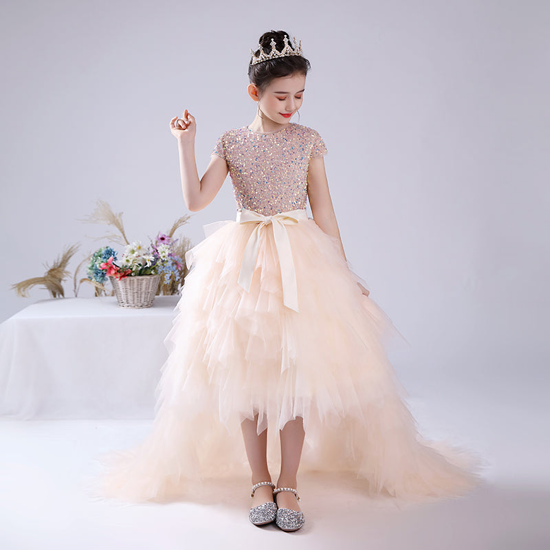 Junior Bridesmaid Dress Sequin Pageant Dress Puff Hi-Lo Birthday Party Dress For Little Girls Detachable Trailing Gown