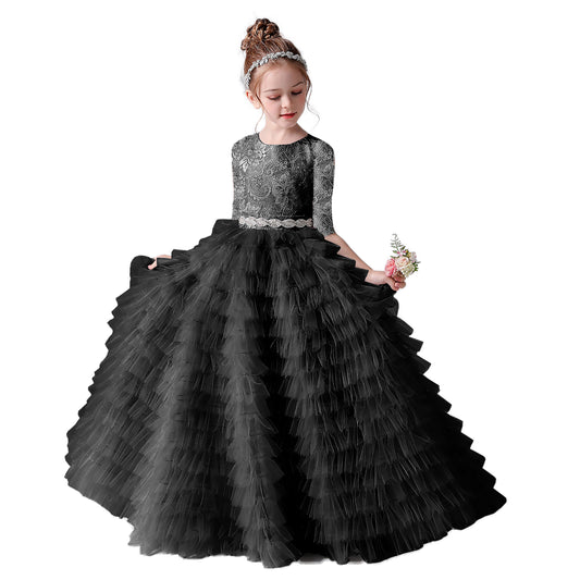 Little Girls V-Neck Special Occasion Dress Girls Fancy Birthday Party  Dresses Detachable Trailing Gown