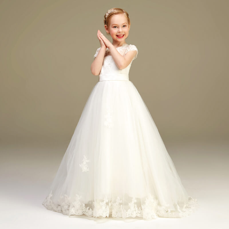 Elegant V-Neck Lace Appliques Flower Girl Dress Puff Tulle First Communion Dresses Formal Princess Dress Wedding Dress