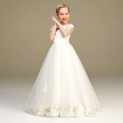 Elegant V-Neck Lace Appliques Flower Girl Dress Puff Tulle First Communion Dresses Formal Princess Dress Wedding Dress