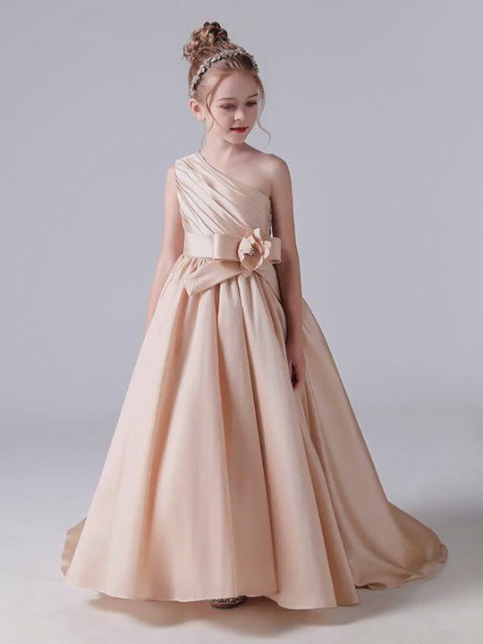 Dideyttawl Flower Girls Pageant Dresses One Shoulder Sleeveless Formal Satin Dress for Wedding Guest Princess Ball Gown Flower Belt Dress