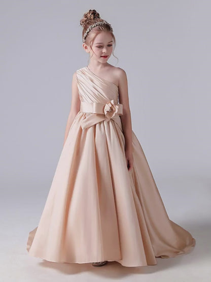 Girls Pageant Dresses One Shoulder Sleeveless Formal Satin Flower Girls Dress for Wedding Princess Ball Gown Flower Belt Dress