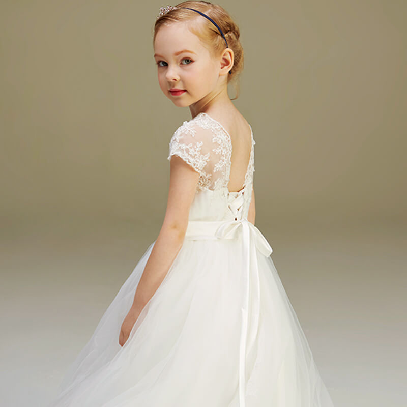 Elegant V-Neck Lace Appliques Flower Girl Dress Puff Tulle First Communion Dresses Formal Princess Dress Wedding Dress