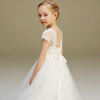 Elegant V-Neck Lace Appliques Flower Girl Dress Puff Tulle First Communion Dresses Formal Princess Dress Wedding Dress