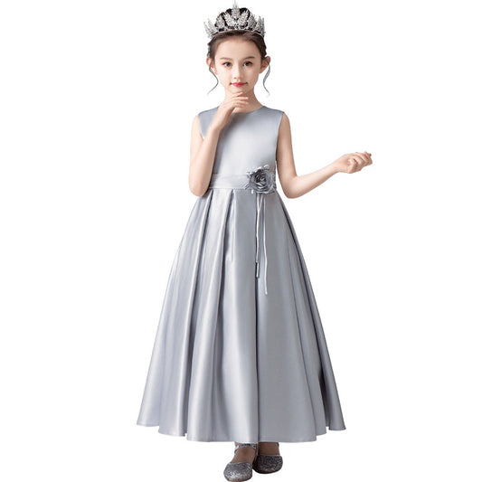 Dideyttawl Satin Formal Dress For Girls 3D Flower Belt Girls Evening Party Dress Sleeveless Long Dress First Communion Dress