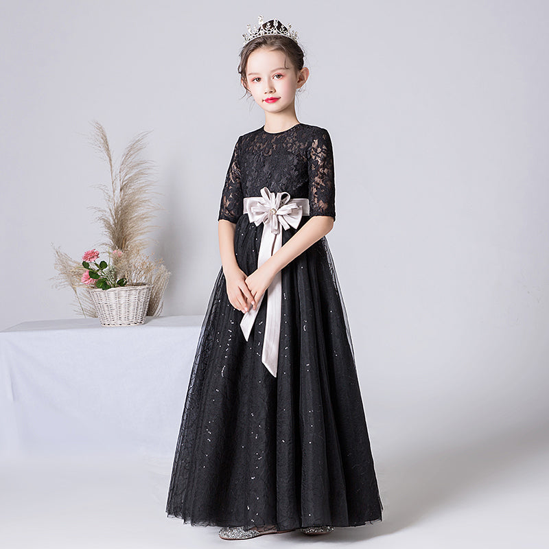 Junior Black Pageant Dresses Communion Dresses For Teen Girls Lace Formal Dresses With Sleeves