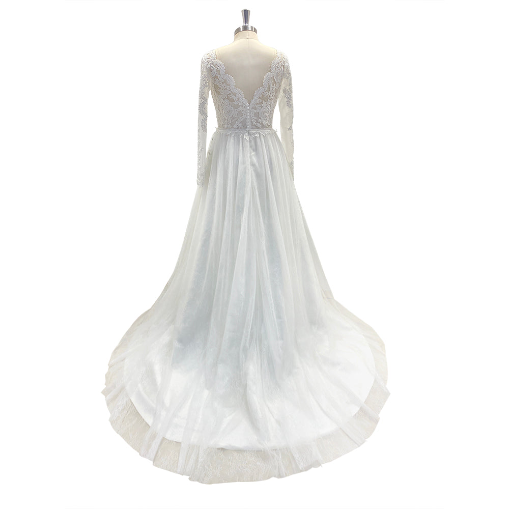 A-Line Lace Tulle Wedding Dress 2025 Boho V-Neck Appliques Bridal Gown Long Sleeve
