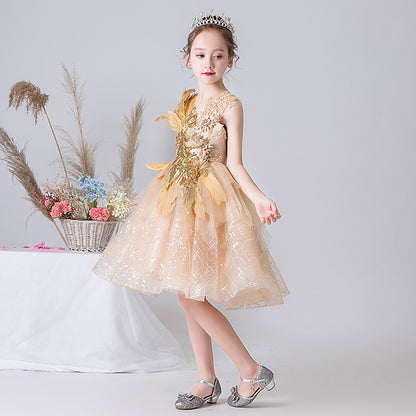Gold Flower Girl Dress Princess Birthday Party Ball Gown Beaded Pageant Dress