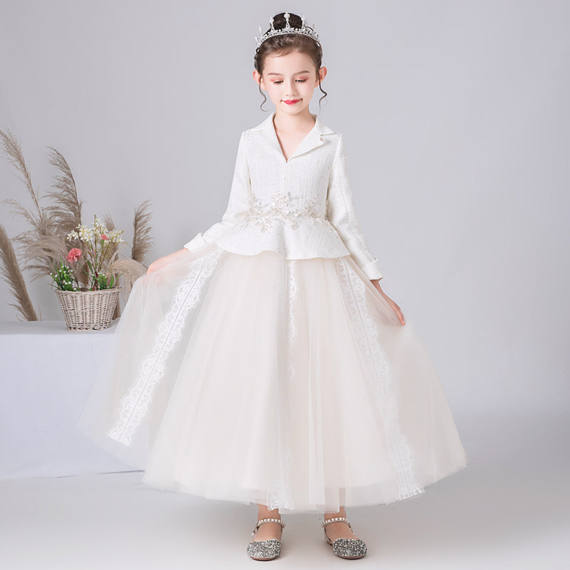 Junior Bridesmaid Dresses For Wedding Ivory Birthday Party Dress For Teens Tulle Puffy Dresses Long Sleeve