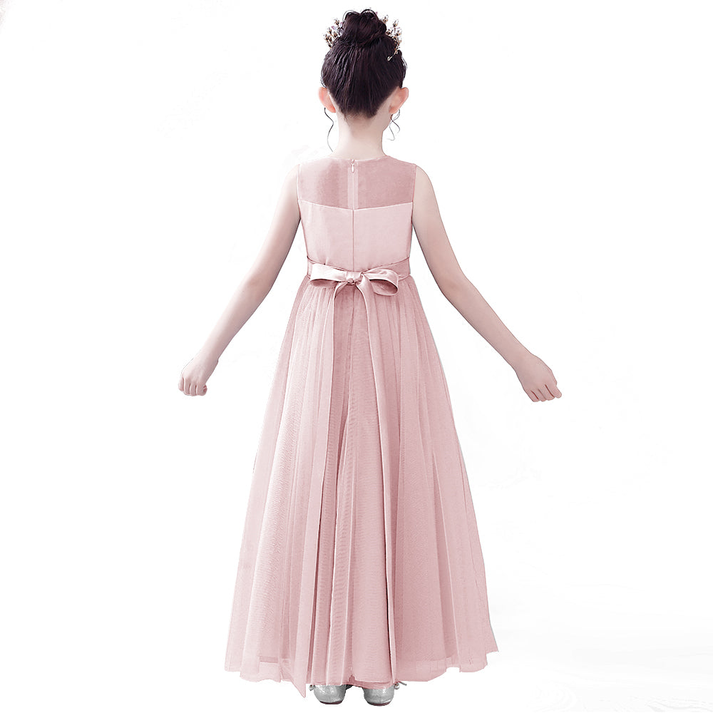 Dideyttawl Dusty Blue Sleeveless Tulle Flower Girl Dress Sheer Neck Junior Bridesmaid Gown