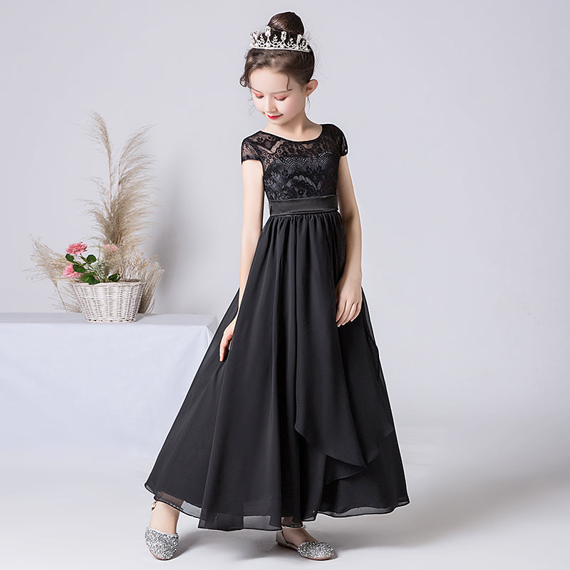 Special Occasion Dresses For Girls Black Lace Formal Dresses Junior Chiffon Ball Gown Full Length