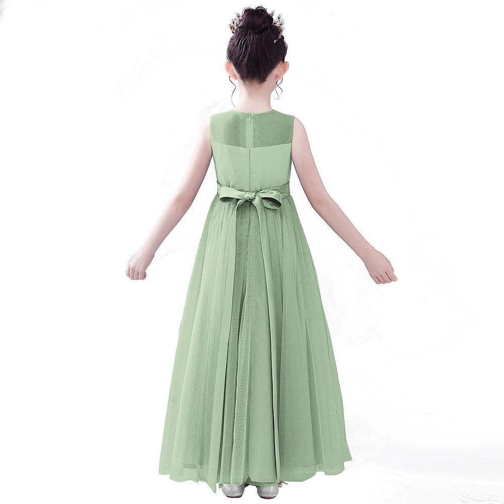 Dideyttawl Dusty Blue Sleeveless Tulle Flower Girl Dress Sheer Neck Junior Bridesmaid Gown