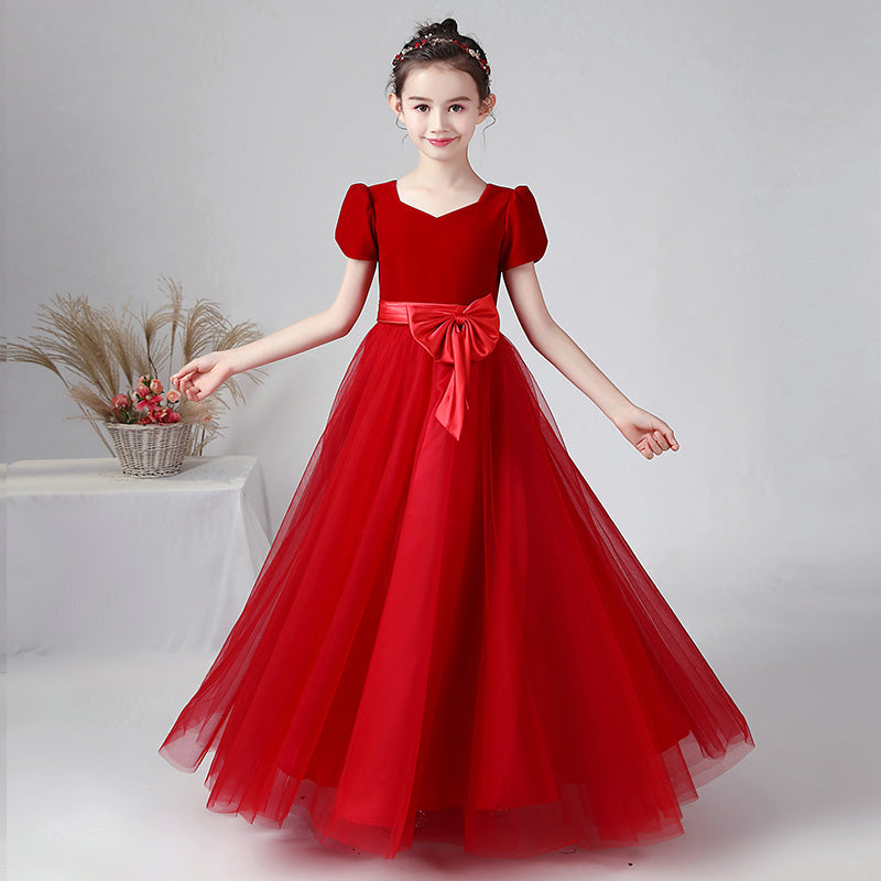 Junior Formal Dresses For Special Occasion Elegant V-Neck Party Dress Red Velvet Ball Gown With Sleeves