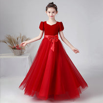 Dideyttawl Velvet Girls Formal Dress With V Neck Puff Sleeves