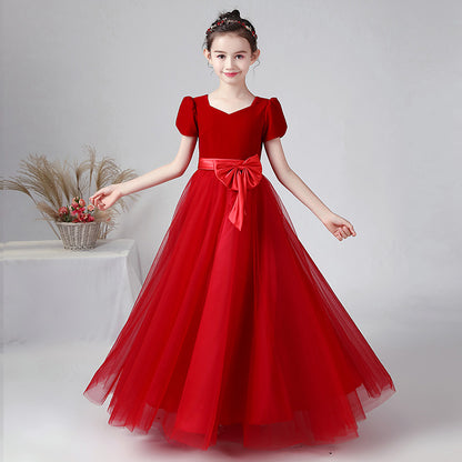 Junior Formal Dresses For Special Occasion Elegant V-Neck Party Dress Red Velvet Ball Gown With Sleeves