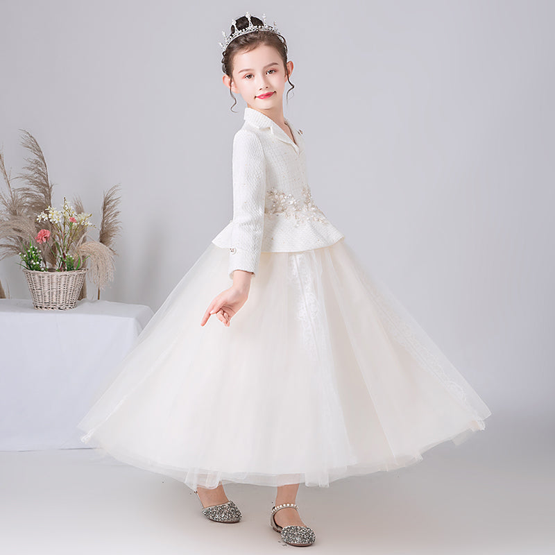 Junior Bridesmaid Dresses For Wedding Ivory Birthday Party Dress For Teens Tulle Puffy Dresses Long Sleeve