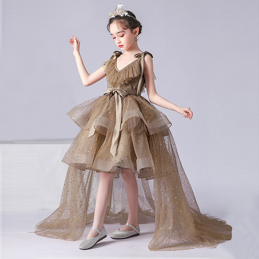 Little Girls V-Neck Special Occasion Dress Girls Fancy Birthday Party Dresses Detachable Trailing Gown