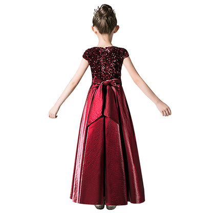 Satin Junior Bridesmaid Dresses Sequins Flower Girls Formal Crew Neck Pageant Dresses For Teens Satin Princess Brithday Party Dress
