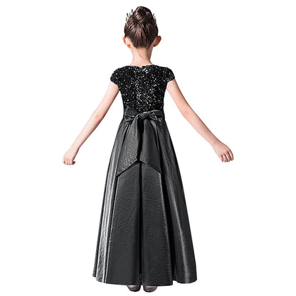 Satin Junior Bridesmaid Dresses Sequins Flower Girls Formal Crew Neck Pageant Dresses For Teens Satin Princess Brithday Party Dress