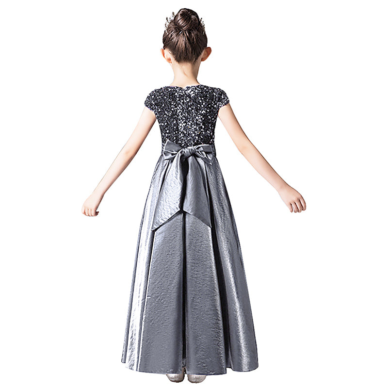 Satin Junior Bridesmaid Dresses Sequins Flower Girls Formal Crew Neck Pageant Dresses For Teens Satin Princess Brithday Party Dress