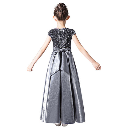 Satin Junior Bridesmaid Dresses Sequins Flower Girls Formal Crew Neck Pageant Dresses For Teens Satin Princess Brithday Party Dress