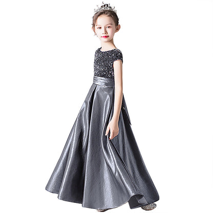Satin Junior Bridesmaid Dresses Sequins Flower Girls Formal Crew Neck Pageant Dresses For Teens Satin Princess Brithday Party Dress