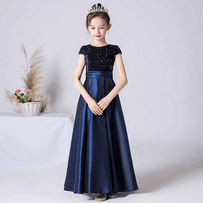 Satin Junior Bridesmaid Dresses Sequins Flower Girls Formal Crew Neck Pageant Dresses For Teens Satin Princess Brithday Party Dress