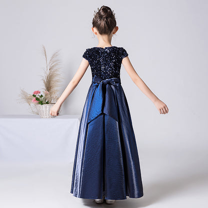 Satin Junior Bridesmaid Dresses Sequins Flower Girls Formal Crew Neck Pageant Dresses For Teens Satin Princess Brithday Party Dress