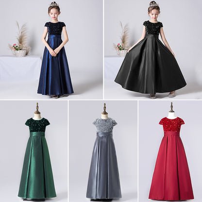 Satin Junior Bridesmaid Dresses Sequins Flower Girls Formal Crew Neck Pageant Dresses For Teens Satin Princess Brithday Party Dress