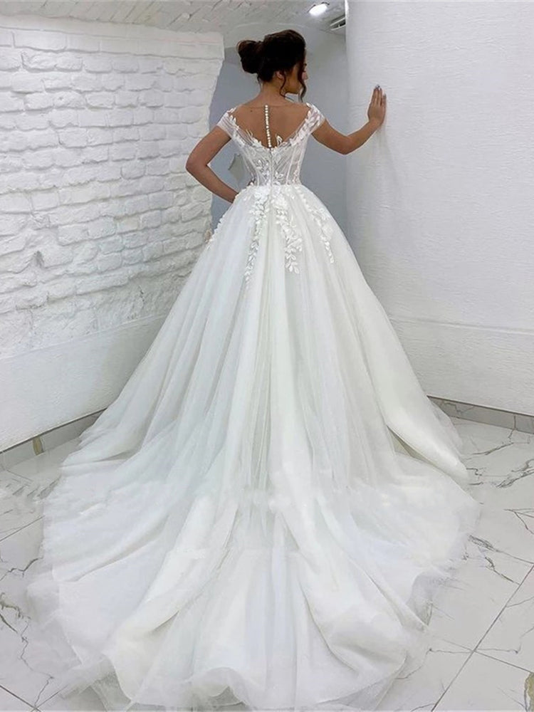 Elegant Lace Appliqued Puffy Tulle Wedding Dress Women 2025 Modern Bridal Beach Tulle Flower Gowns