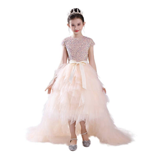 Dideyttawl Puffy Junior Bridesmaid Dress Sequin Pageant Dress Hi-Lo Birthday Party Dress For Little Girls Detachable Trailing Gown