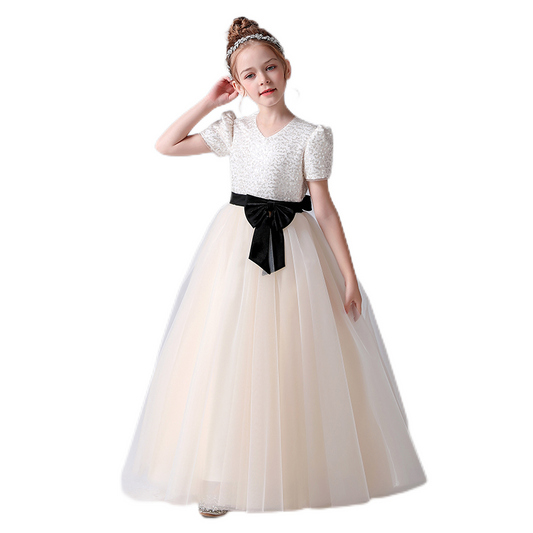 Girls First Communion Dresses V-Neck Champagne Formal Dresses For Junior Sequin Birthday Party Dresses Floor Length