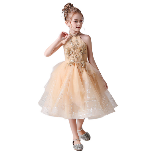 Gold Flower Girl Dress Junior Brithday Party Dresses Tulle Pageant Dress For Girls Off The Shoulder