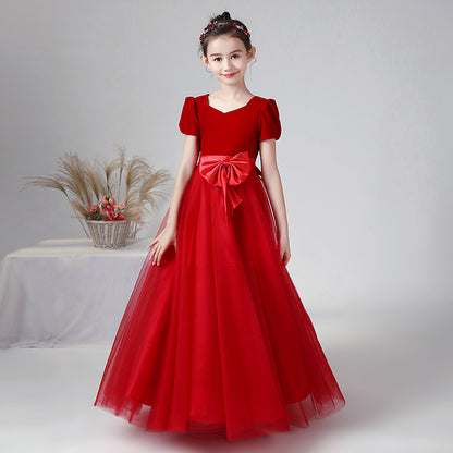 Junior Formal Dresses For Special Occasion Elegant V-Neck Party Dress Red Velvet Ball Gown With Sleeves