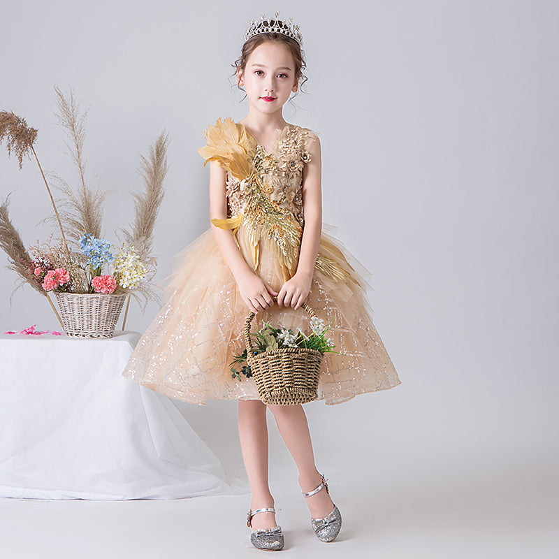 Gold Flower Girl Dress Princess Birthday Party Ball Gown Beaded Pageant Dress
