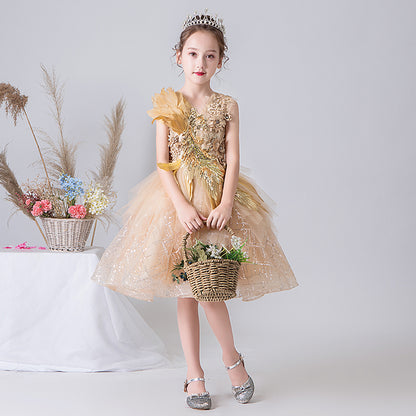 Gold Flower Girl Dress Princess Birthday Party Ball Gown Beaded Pageant Dress