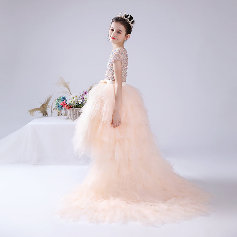 Junior Bridesmaid Dress Sequin Pageant Dress Puff Hi-Lo Birthday Party Dress For Little Girls Detachable Trailing Gown