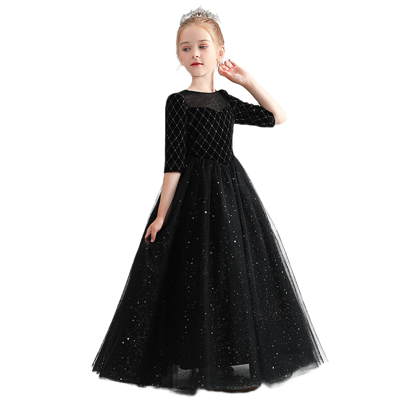 Black Red Velvet Dress For Girls Fancy Shining Stars Dresses Big Bow Girls Party Dresses Tulle Floor Length