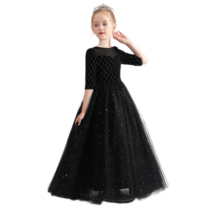 Black Red Velvet Dress For Girls Fancy Shining Stars Dresses Big Bow Girls Party Dresses Tulle Floor Length