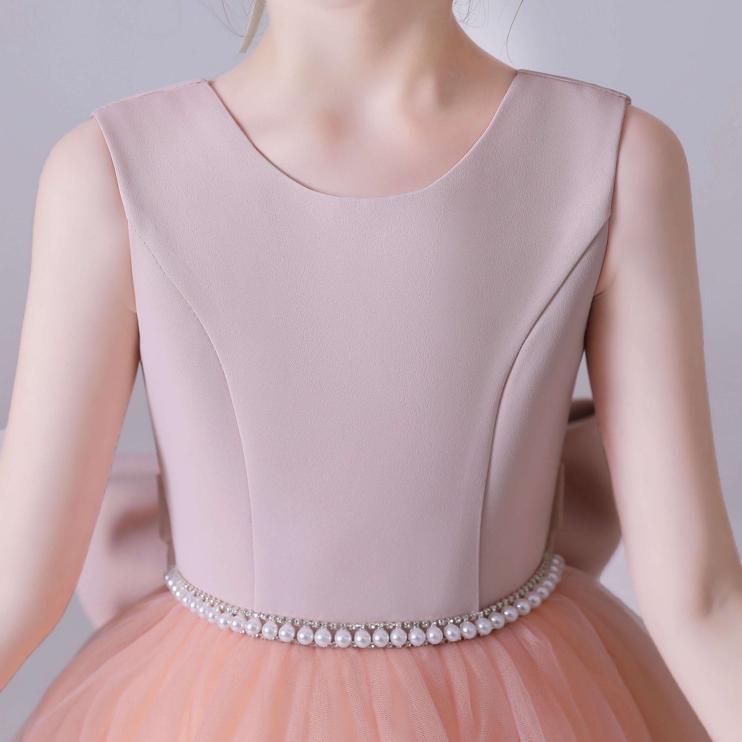 Pink V-Back Tulle Flower Girl Dress With Bow And Pearls
