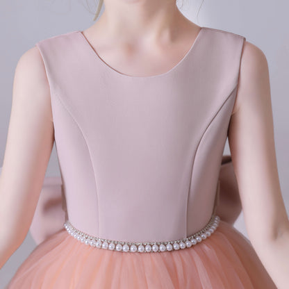 Pink V-Back Tulle Flower Girl Dress With Bow And Pearls